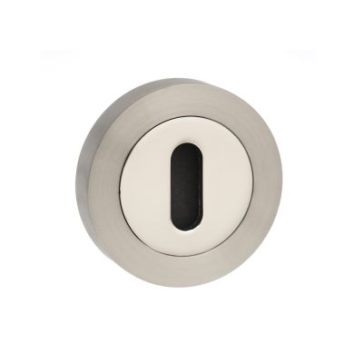 Mediterranean Satin Nickel/Polished Chrome Key Escutcheon on Round Rose (Pair) | T2035